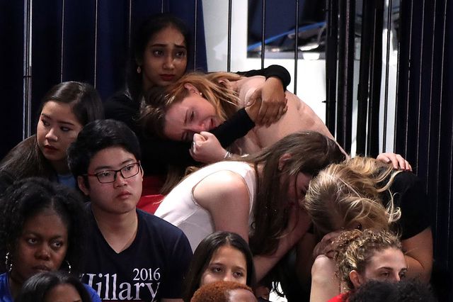 Clinton supporters react to Trump's impending victory at the Javits Center Tuesday night.